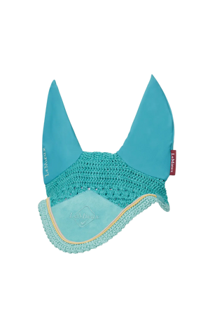 Teal crochet ear bonnet with brand label on a white background