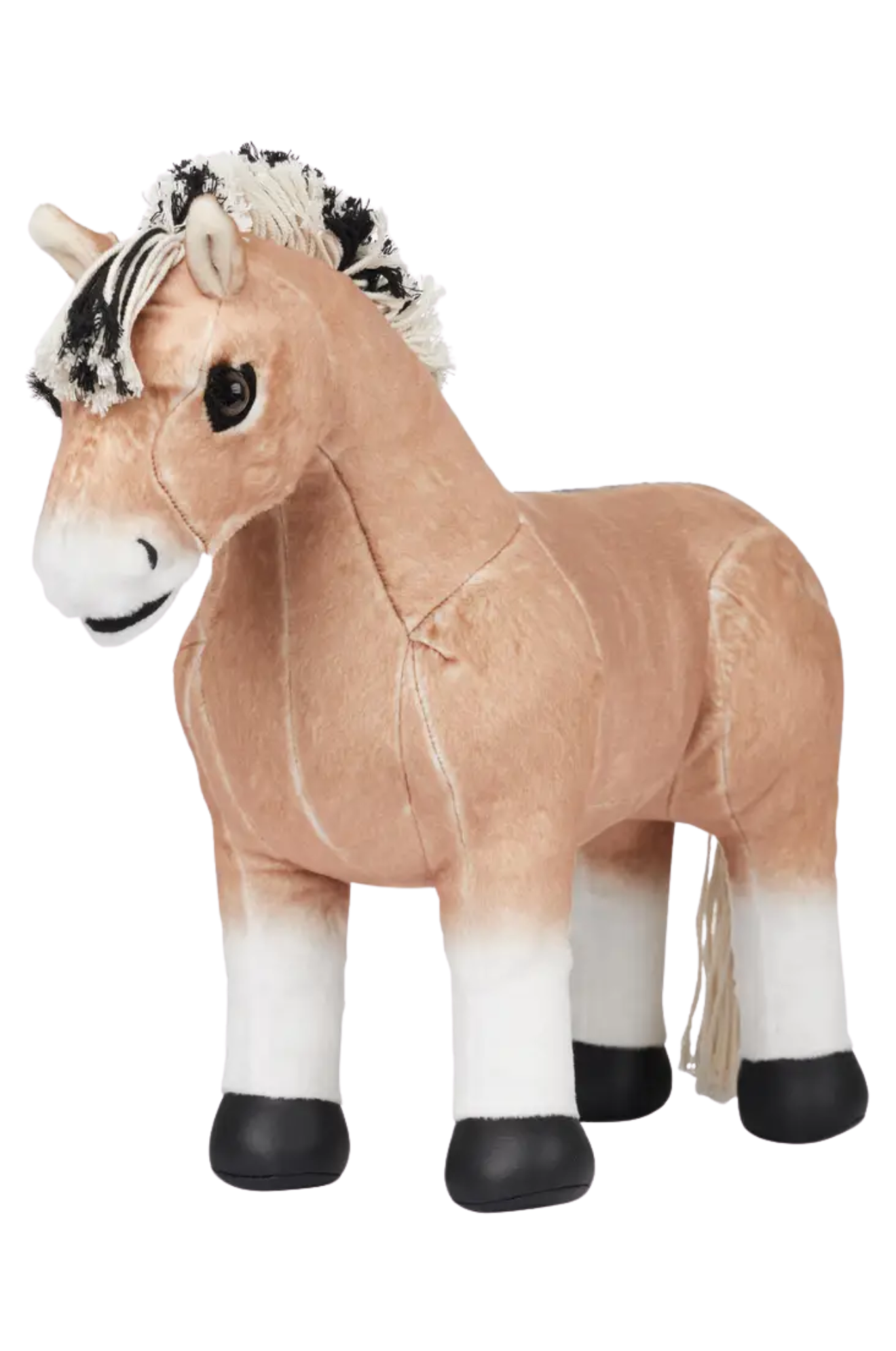 Plush horse toy with a brown body, white legs, and black hooves on a white background.