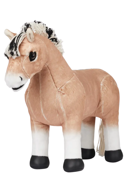 Plush horse toy with a brown body, white legs, and black hooves on a white background.