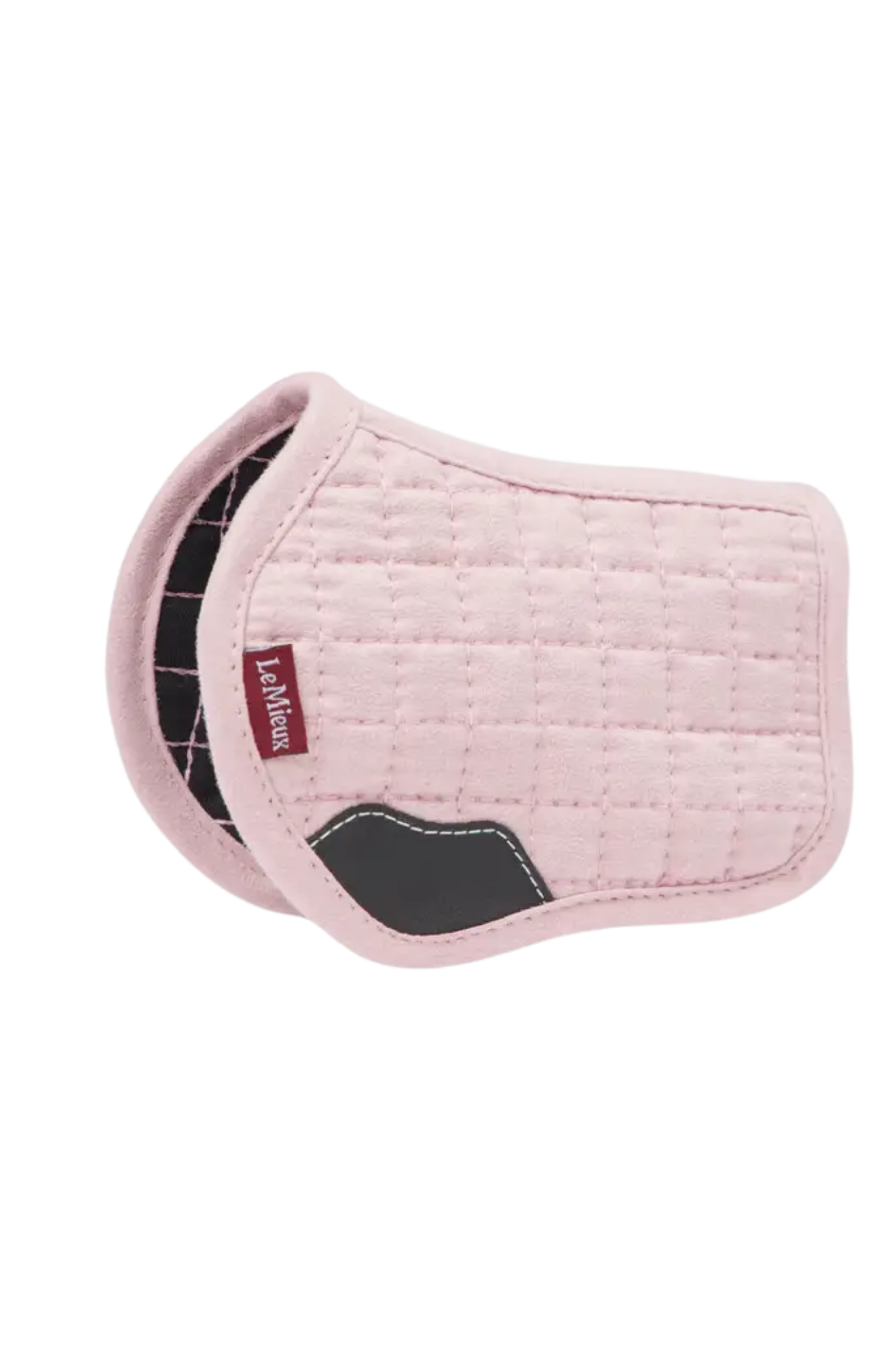 Pink quilted saddle pad with a brand label on a white background