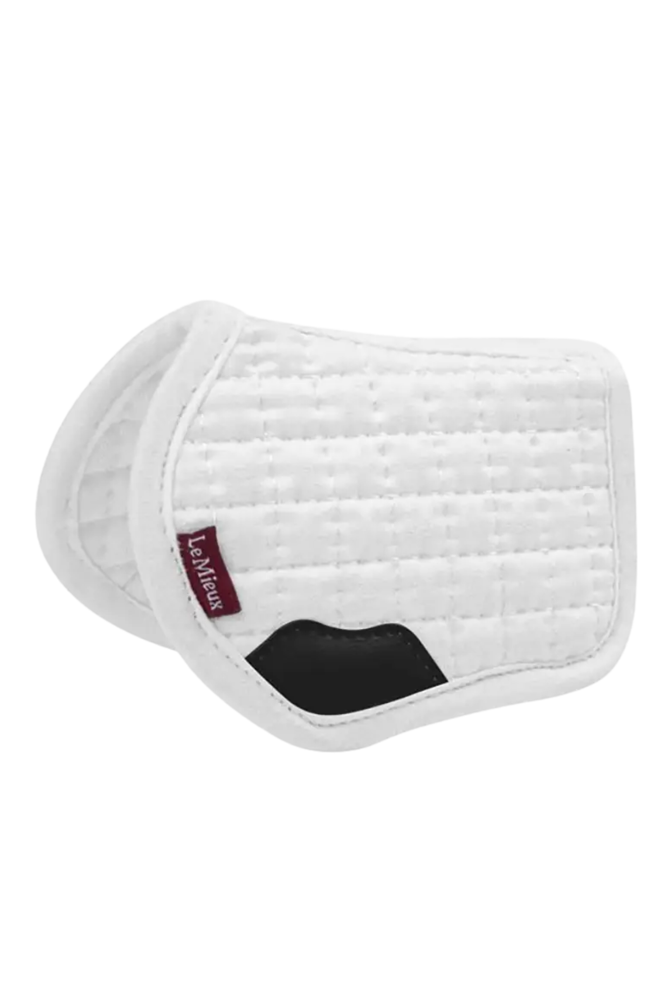White quilted saddle pad with a brand label on a white background