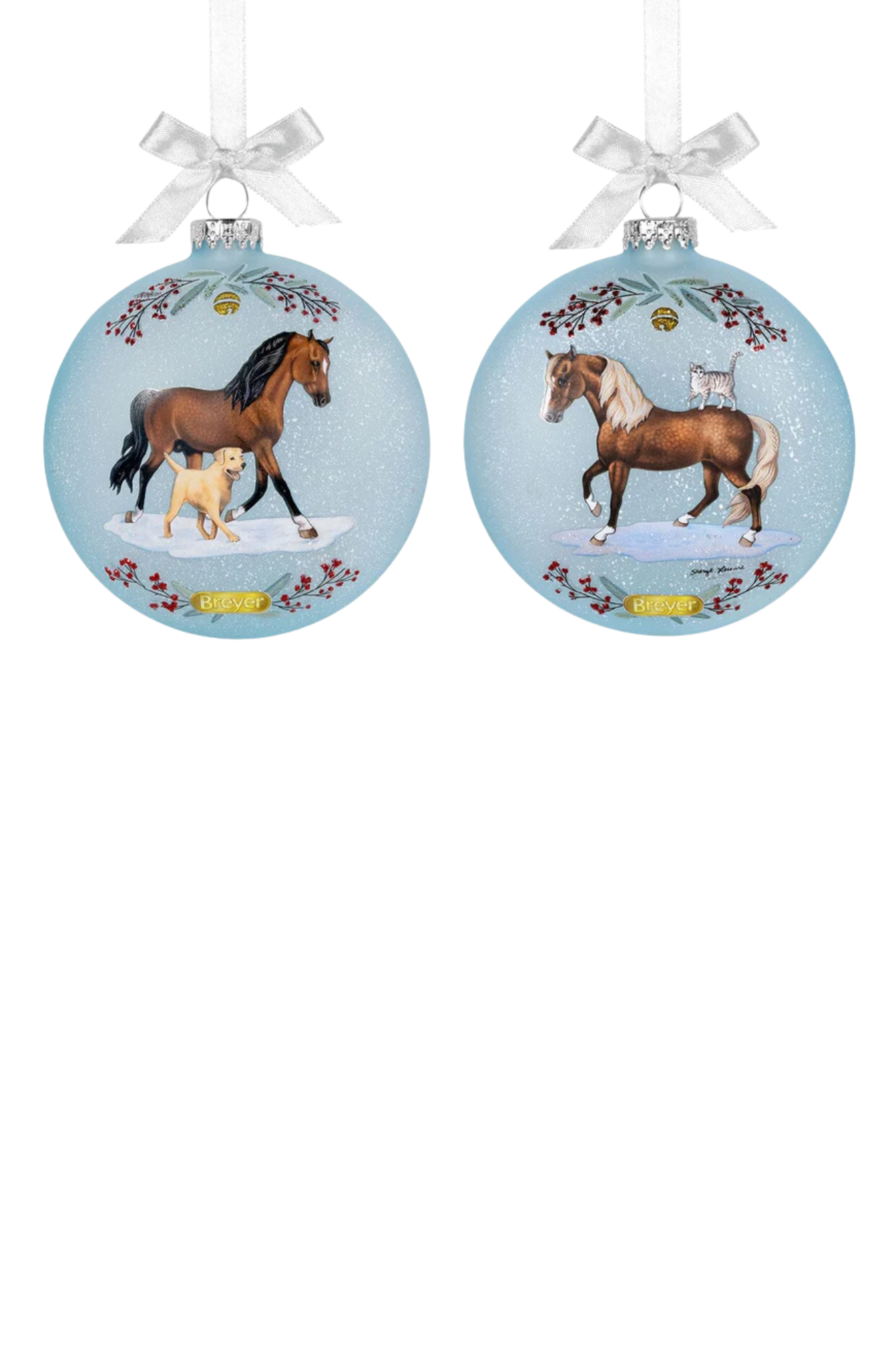 Two round ornaments with horse illustrations on a white background