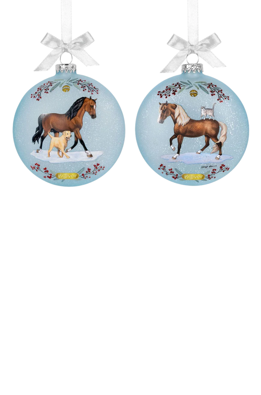 Two round ornaments with horse illustrations on a white background