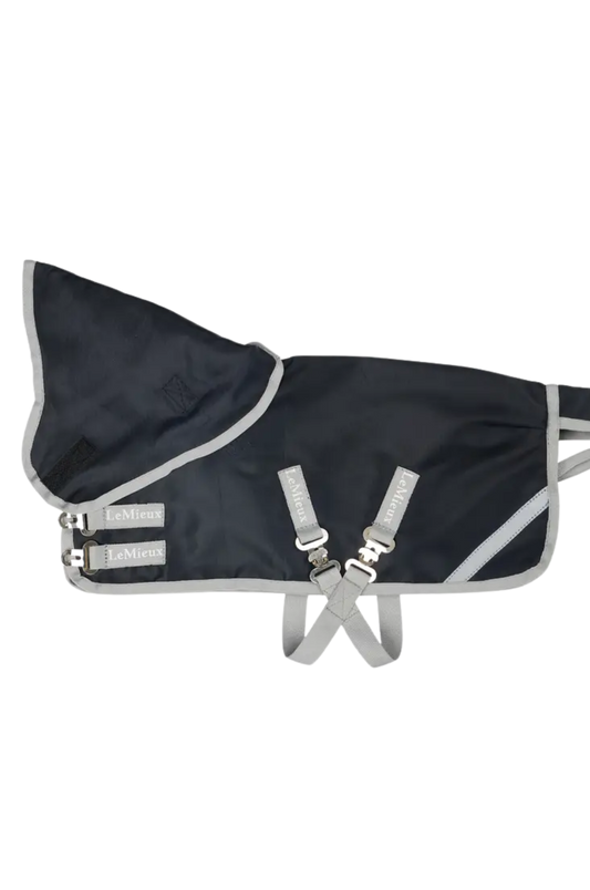 Navy and gray horse blanket with straps on a white background