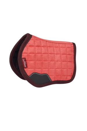 Red quilted saddle pad with brown border on a white background
