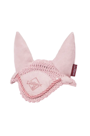 Pink ear bonnet with braided detail on a white background