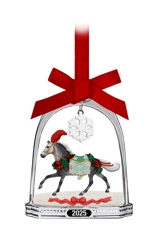 Christmas ornament with horse in a stable, red bow, and snowflake, featuring the year 2025.