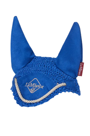 Blue ear bonnet with rope detail on a white background