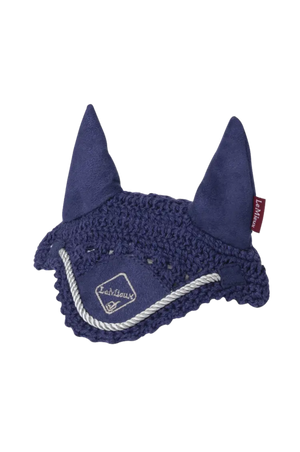 Navy blue ear bonnet with white accents on a white background