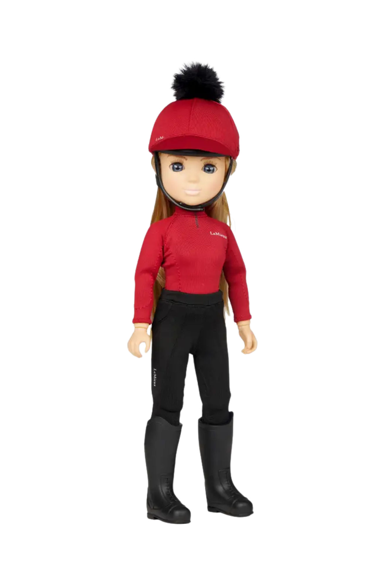 Doll wearing a red top, black pants, and boots with a red helmet on a white background