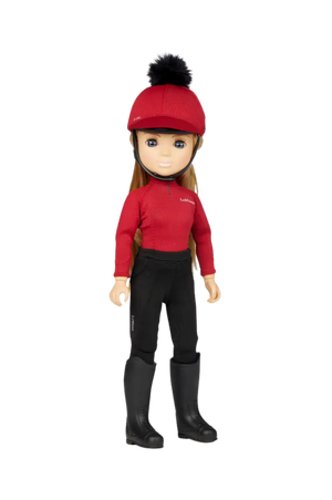 Doll wearing a red top, black pants, and boots with a red helmet on a white background
