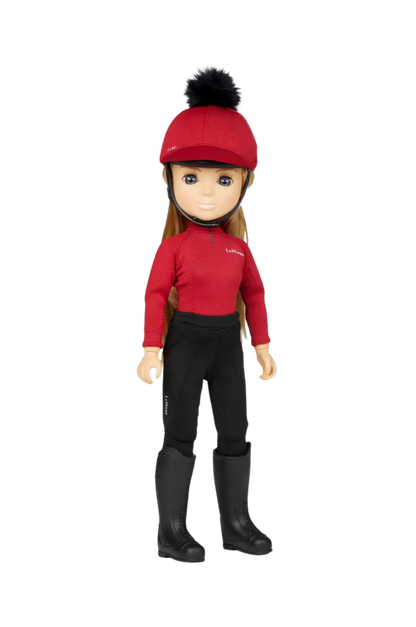 Doll wearing a red top, black pants, and boots with a red helmet on a white background