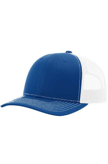 Blue and white cap with mesh back on a white background
