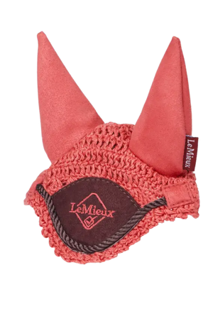 Red ear bonnet with crochet details and LeMieux logo on a white background
