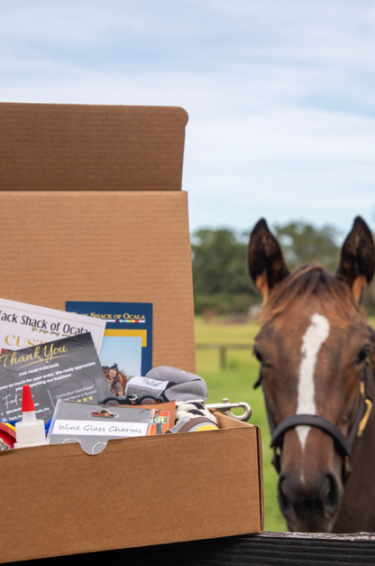 Box of supplies with a horse in the background