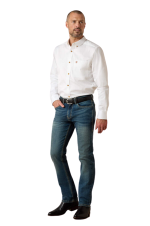 Man wearing a white dress shirt, blue jeans, and black shoes on a white background