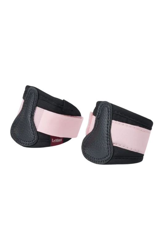 Pair of black protective boot covers with pink bands on a white background