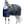 White horse wearing a gray and blue protective blanket on a white background
