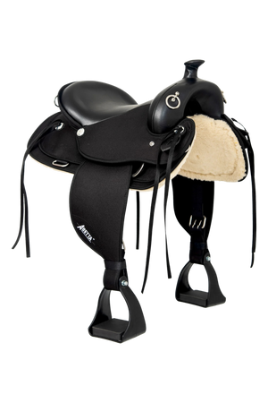 Black horse saddle with beige seat on a white background