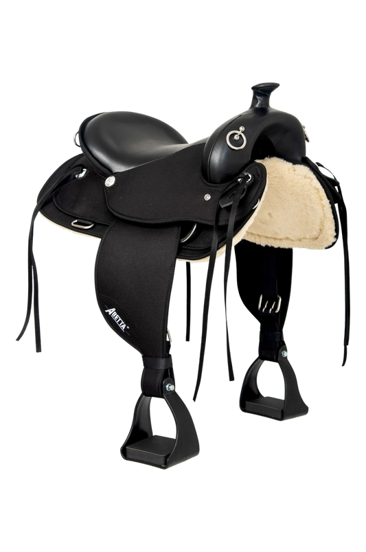 Black horse saddle with beige seat on a white background