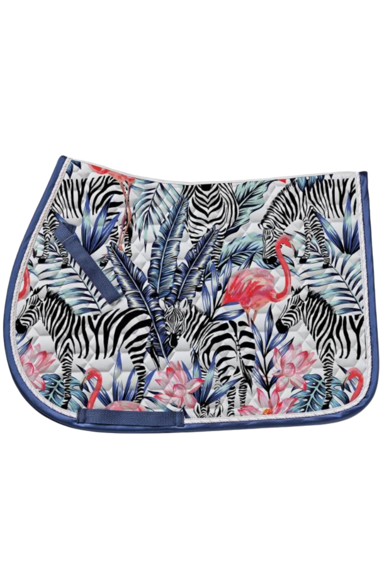 Saddle pad with zebra, flamingo, and floral pattern on a white background