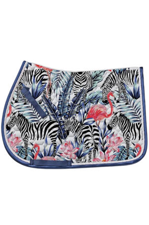 Saddle pad with zebra, flamingo, and floral pattern on a white background