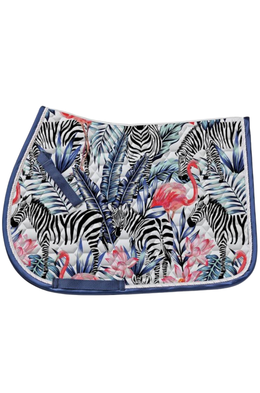 Saddle pad with zebra, flamingo, and floral pattern on a white background