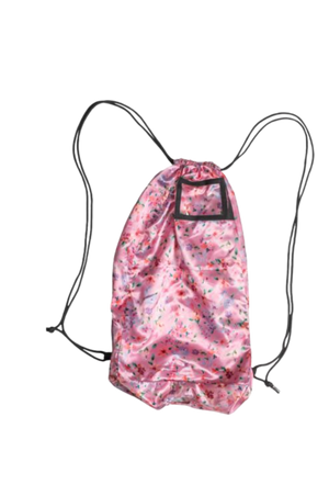 Pink drawstring bag with floral pattern on a white background