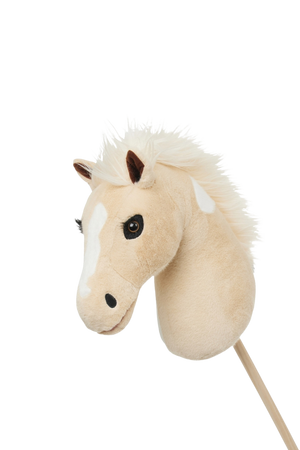 Plush horse head toy on a stick with a white background
