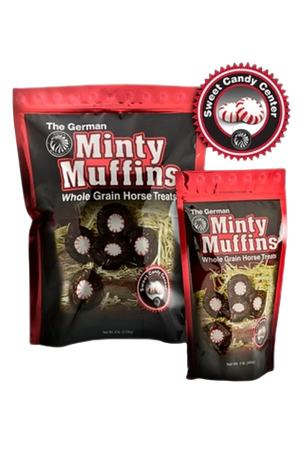 Two packages of 'The German Minty Muffins' horse treats with a Sweet Candy Center logo.