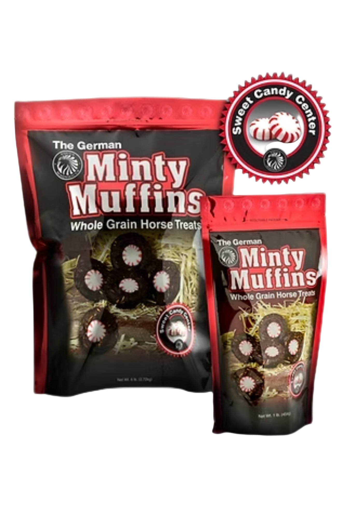 Two packages of 'The German Minty Muffins' horse treats with a Sweet Candy Center logo.