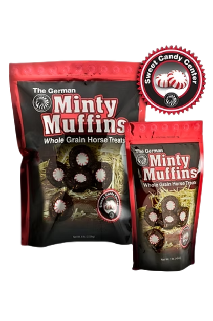 Two packages of 'The German Minty Muffins' horse treats with a Sweet Candy Center logo.