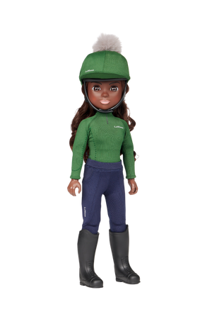 Doll wearing a green equestrian outfit with a helmet on a white background