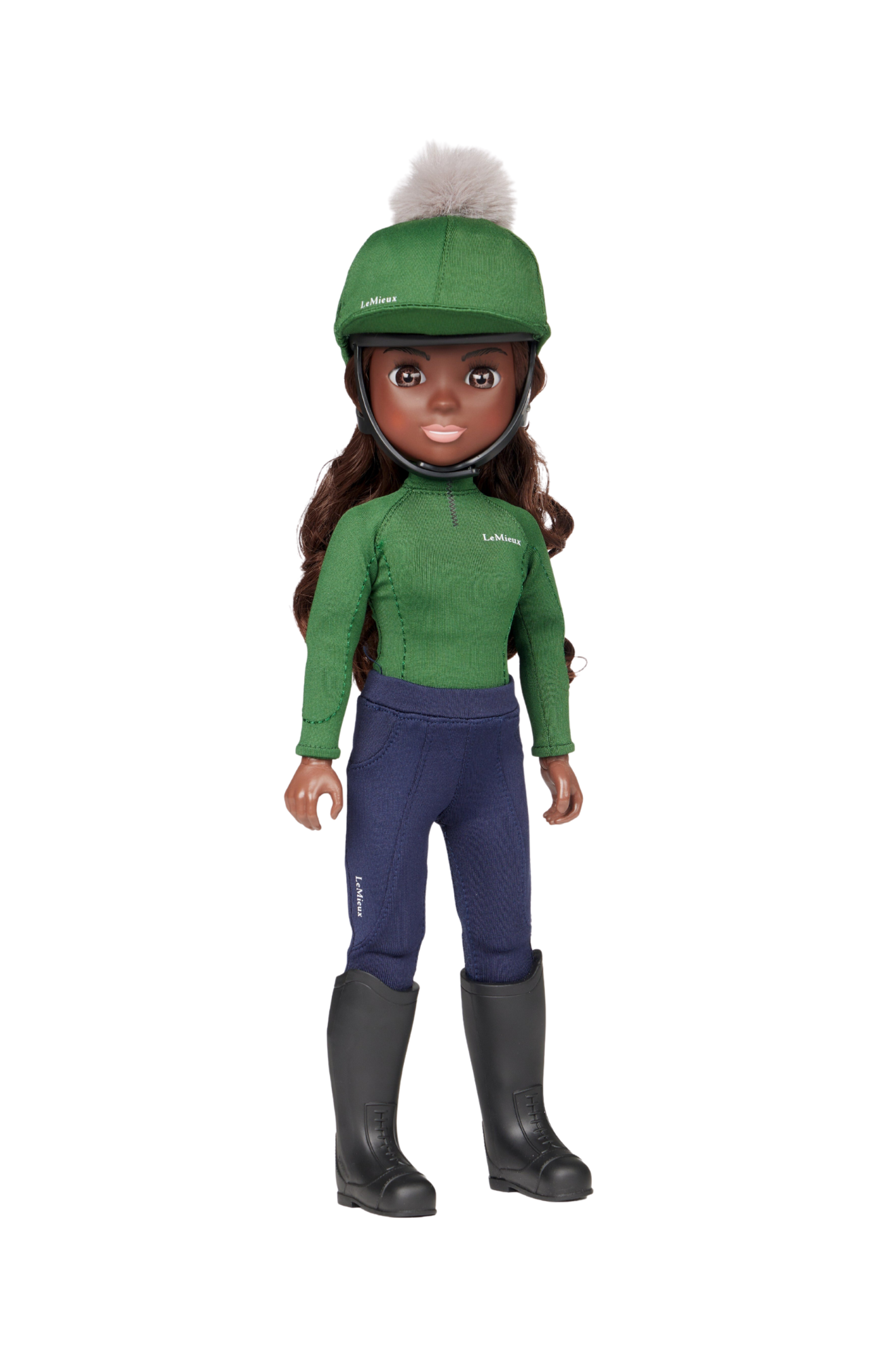 Doll wearing a green equestrian outfit with a helmet on a white background