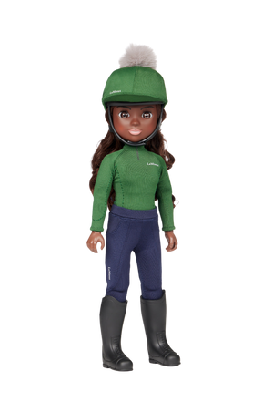 Doll wearing a green equestrian outfit with a helmet on a white background
