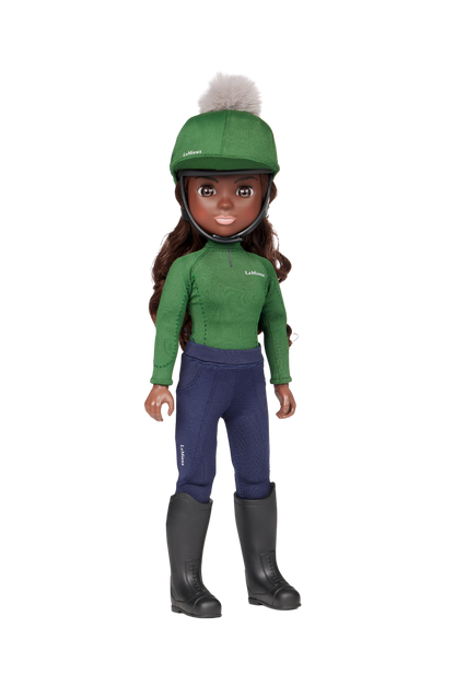 Doll wearing a green equestrian outfit with a helmet on a white background