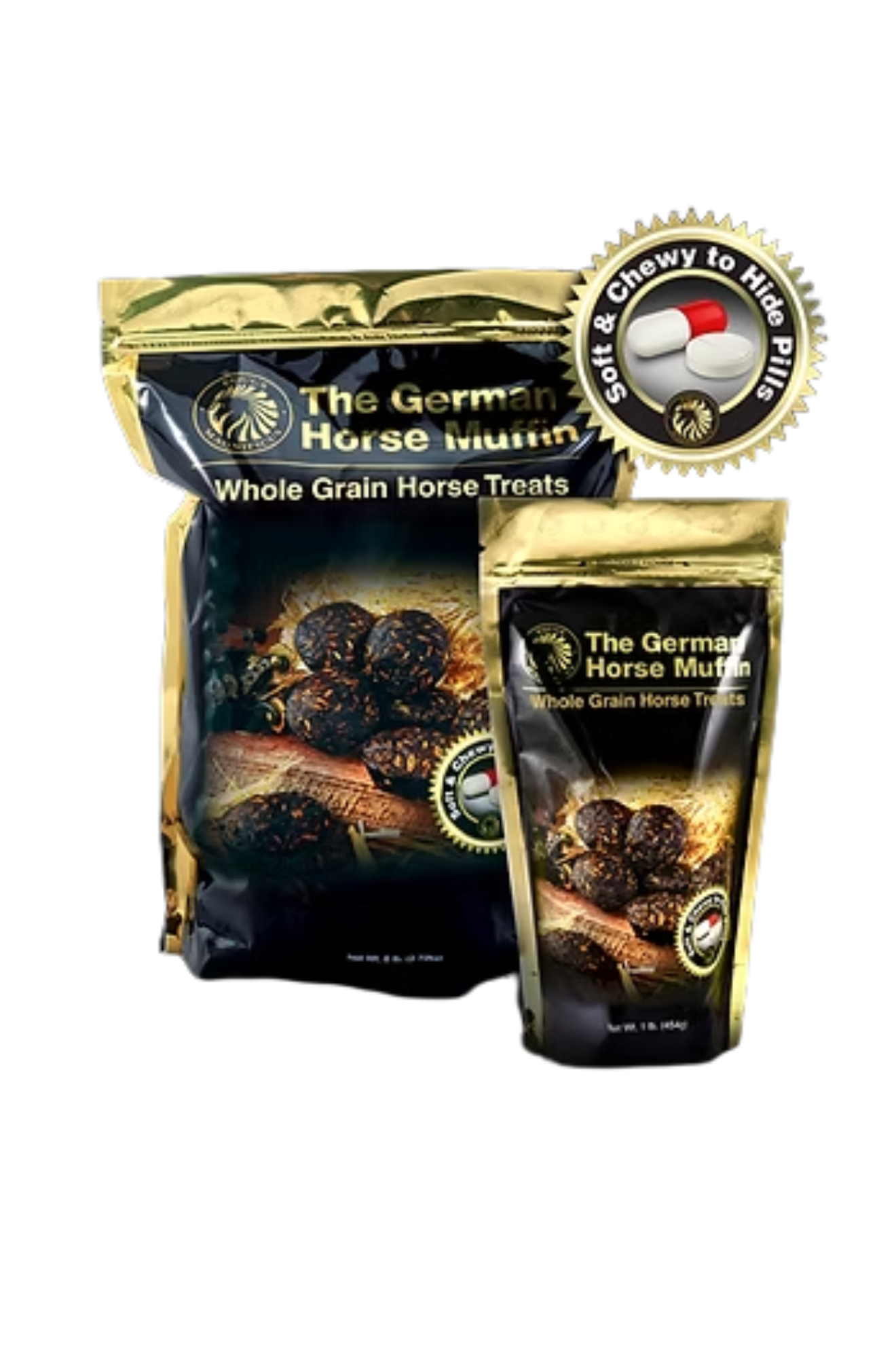 Two packages of 'The German Horse Munch' whole grain horse treats on a white background.