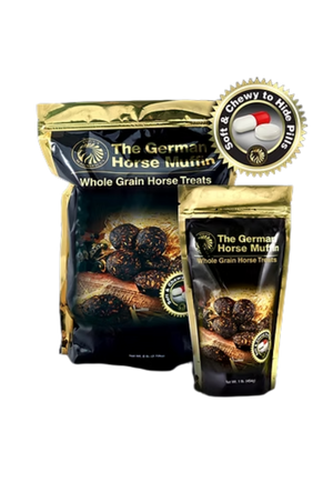 Two packages of 'The German Horse Munch' whole grain horse treats on a white background.