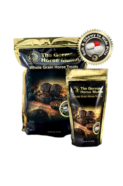 Two packages of 'The German Horse Munch' whole grain horse treats on a white background.