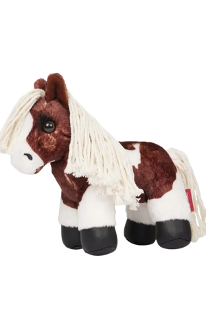 Plush horse toy with brown, white, and black coloring on a white background