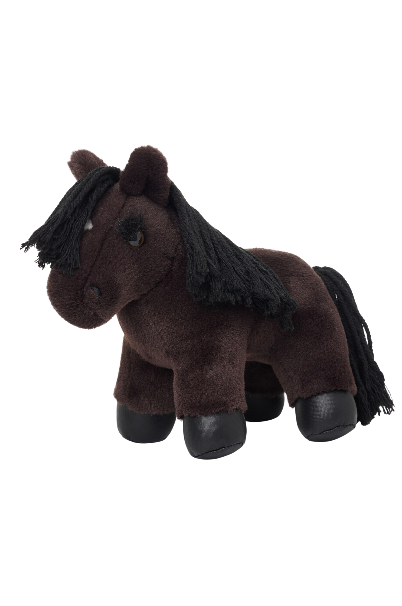 Plush horse toy with black mane on a white background