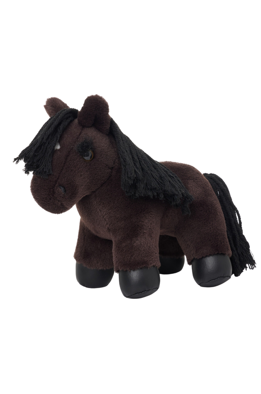 Plush horse toy with black mane on a white background