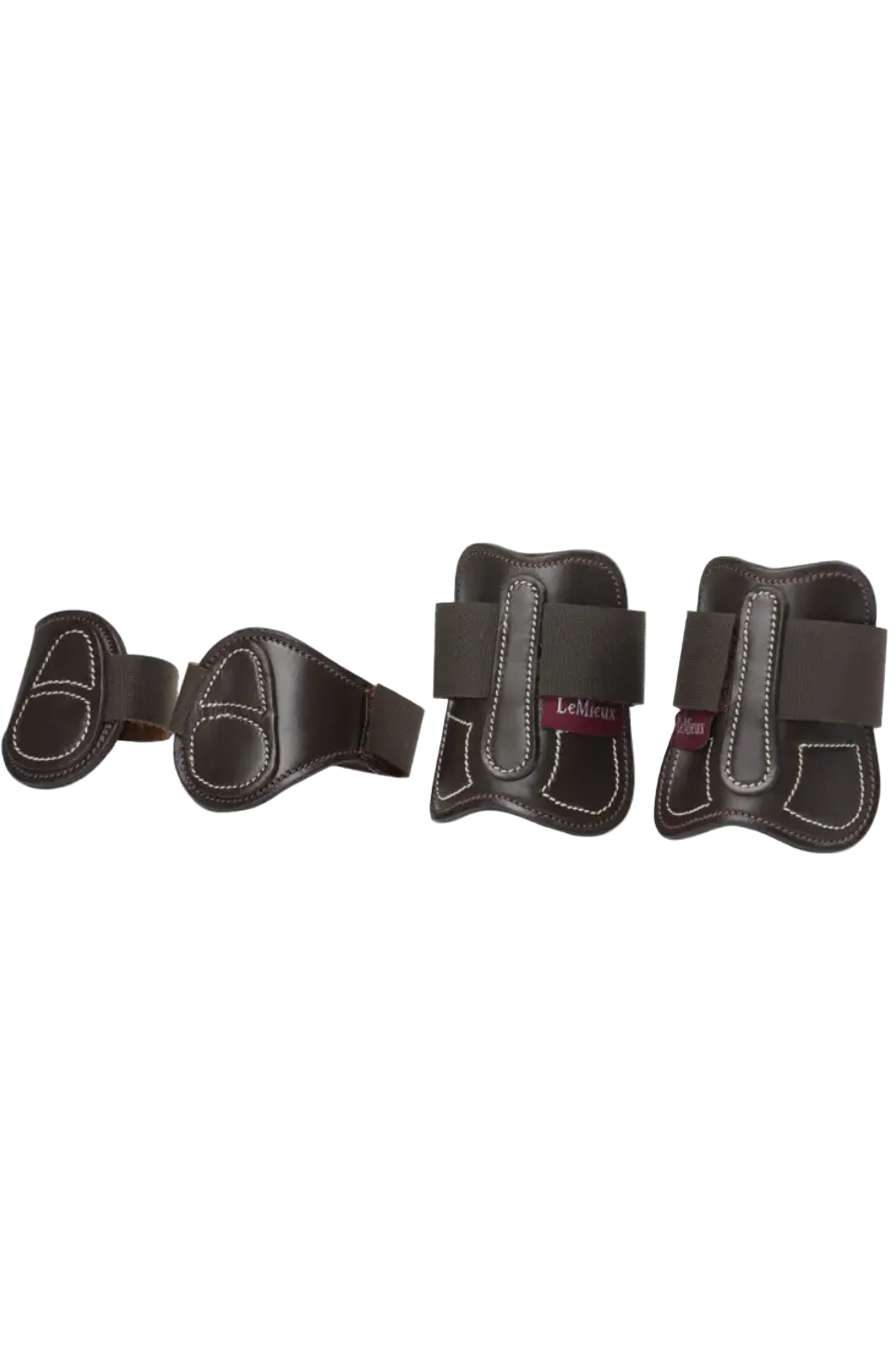 Set of four black and gray protective horse boots on a white background