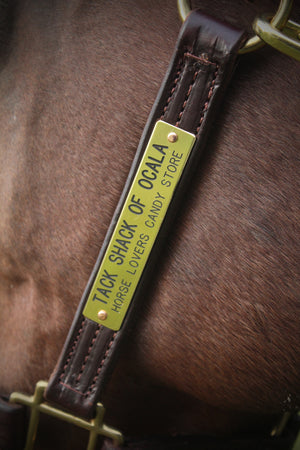 A series of rectangular brass plates in various sizes with engraved text.
